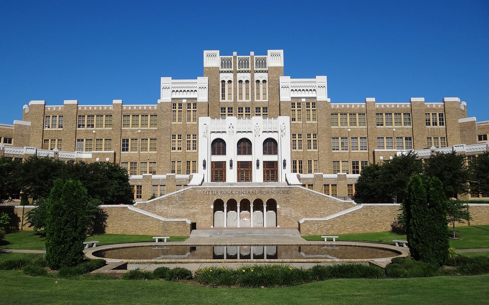 Front facade of Little Rock Central High School, full building height, street view