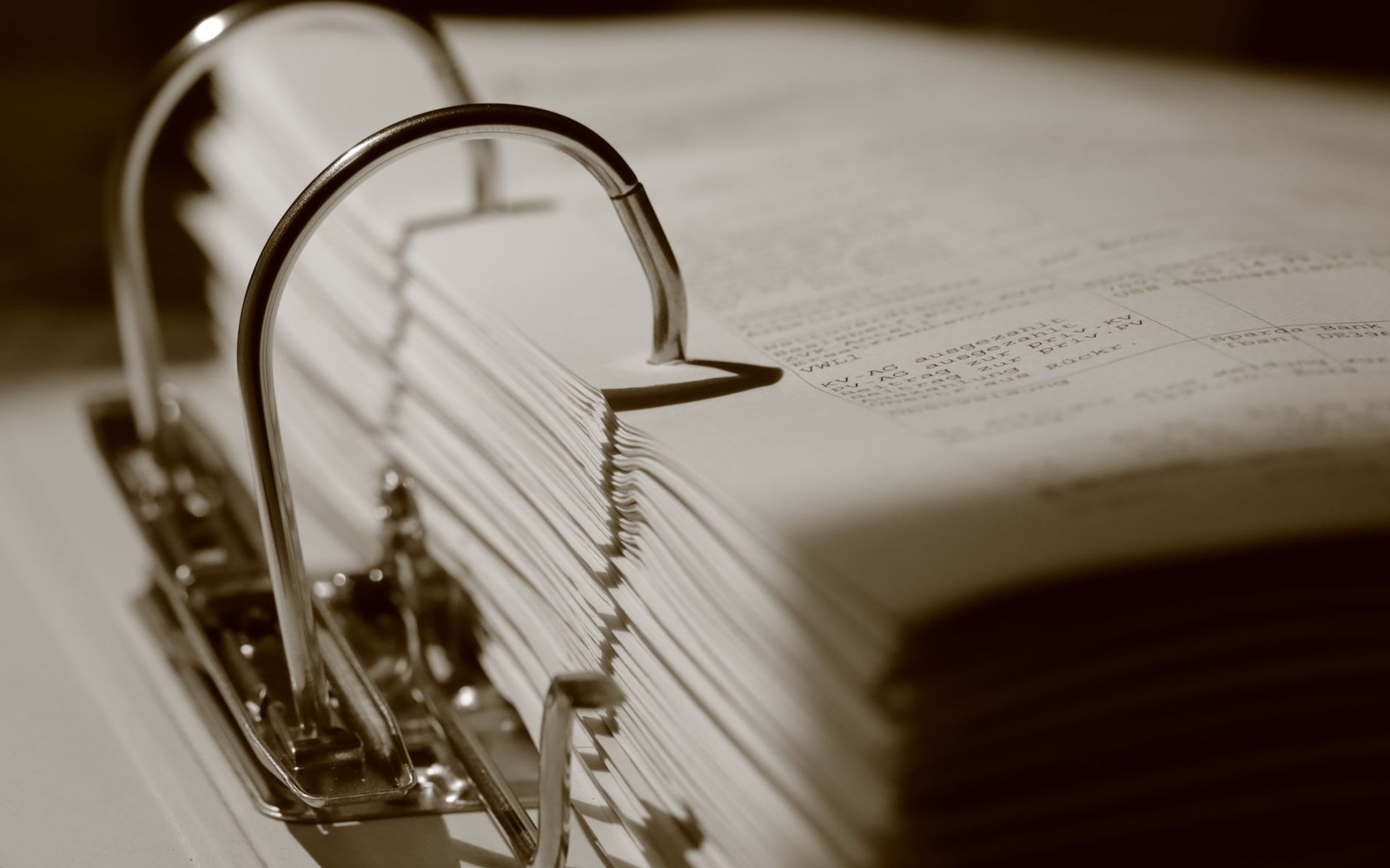 Close-up of a ring binder's metal rings holding stacked, punched paper documents