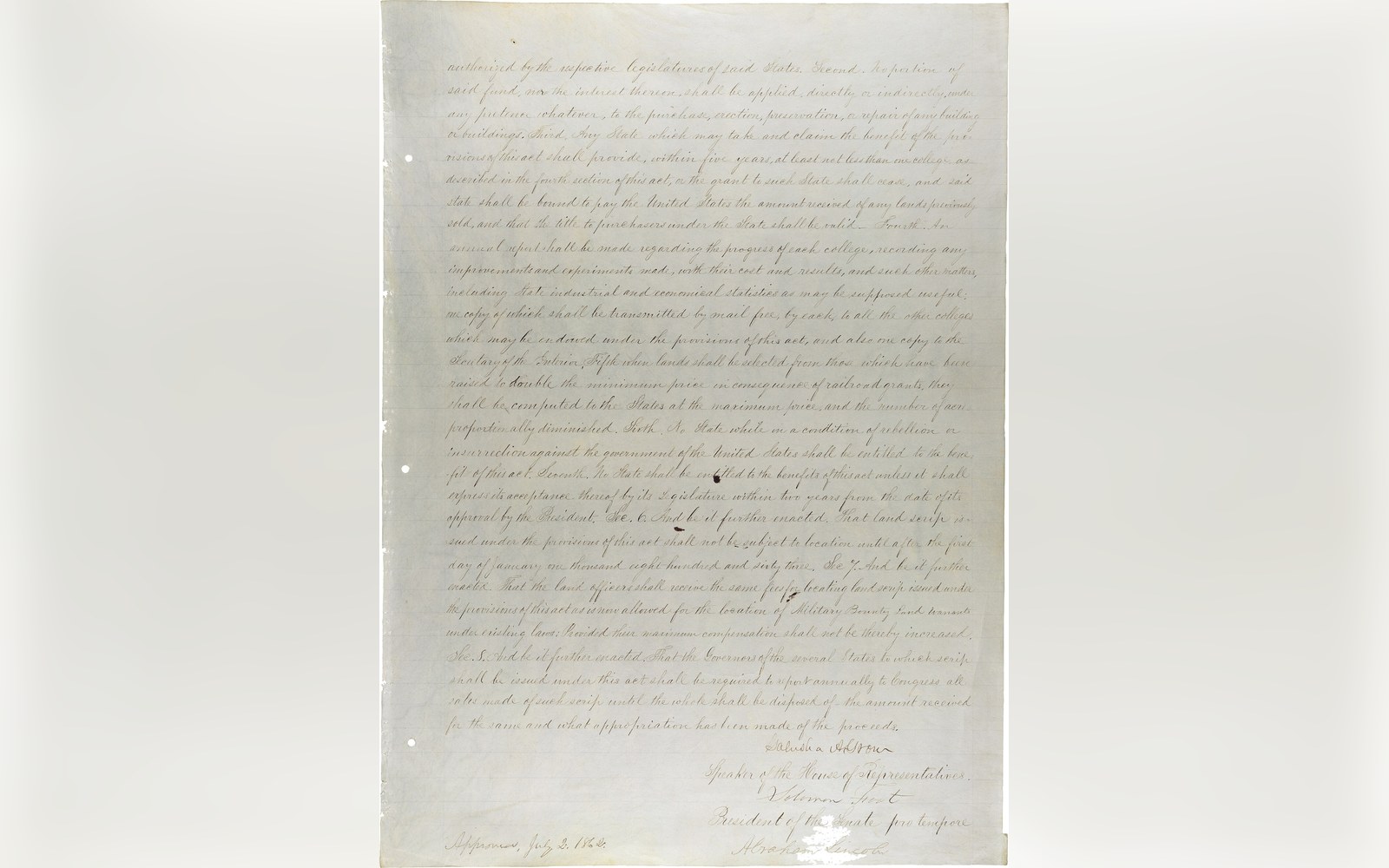 Handwritten final page of the Morrill Act with signature lines and July 1862 date