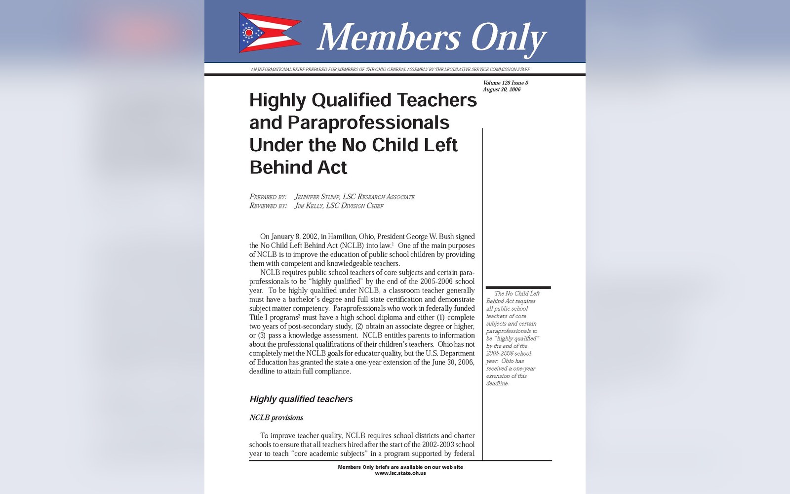 Newsletter page titled "Highly Qualified Teachers and Paraprofessionals Under the No Child Left Behind Act"