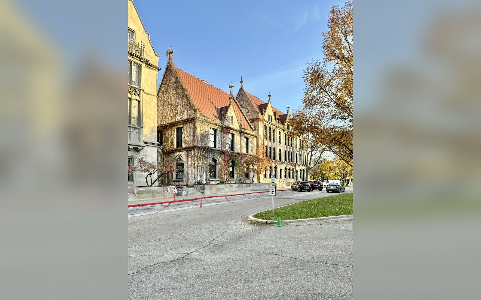 Gothic-style stone campus buildings with ivy-covered walls along a tree-lined street corner